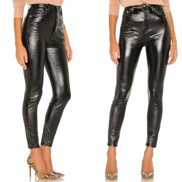 Free People Liquid Black Vinyl Jeans Size 31 Retro 70s Latex Shiny Goth Punk New - Picture 1 of 17